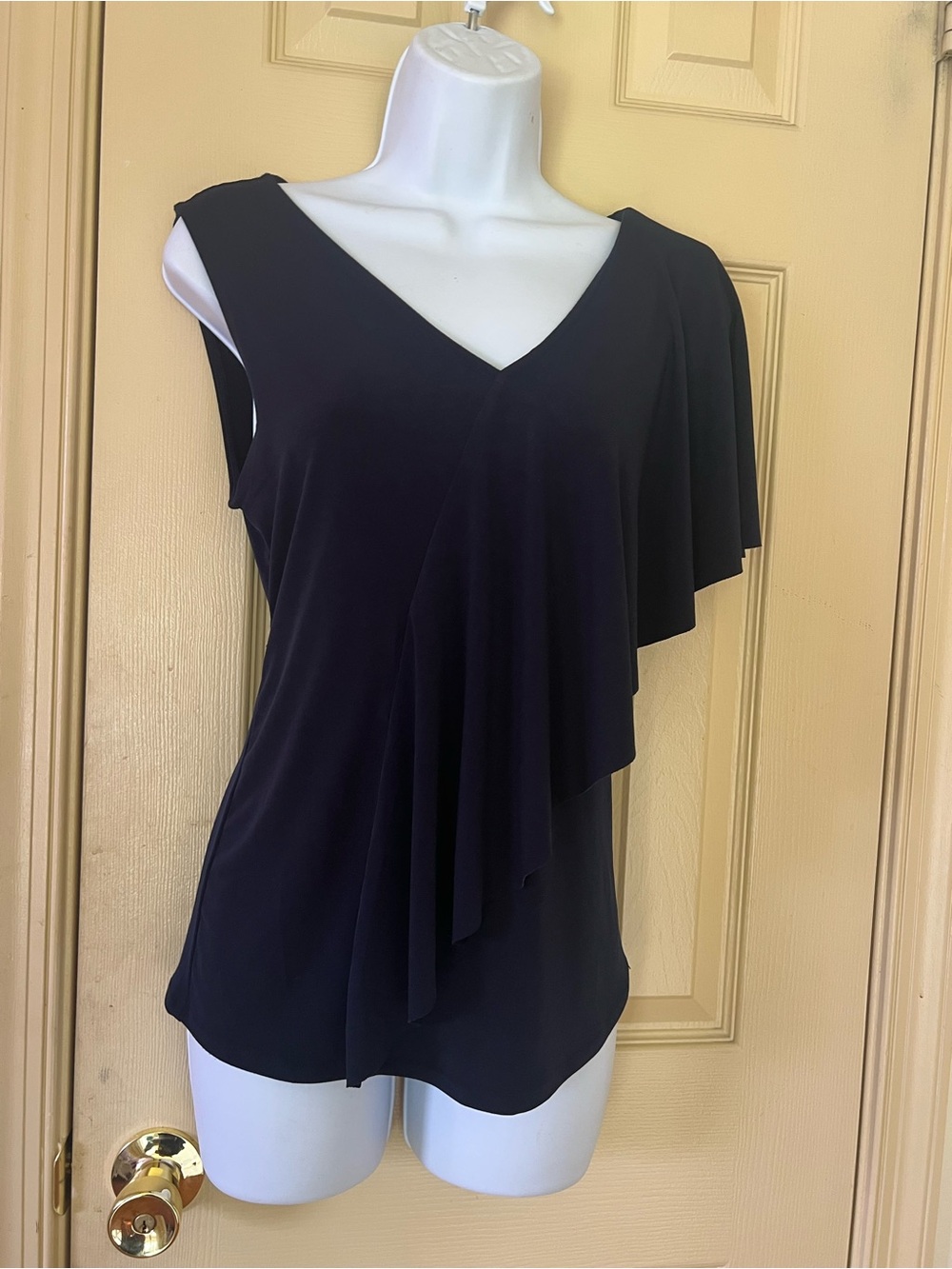 Black One-Shoulder Ruffle V-Neck Blouse